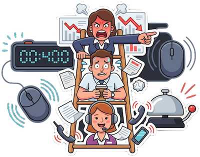 The three-tier Not-Happy-Jan cast: Karren the manager raging up top, Bazza in stressed middle-management, Jan on reception with a headset, ringed by feedback devices